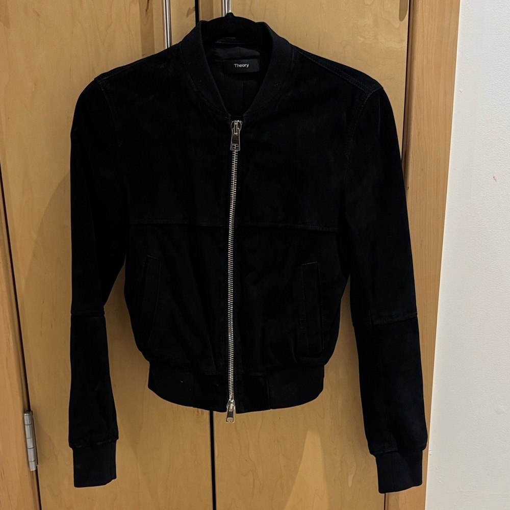 Theory Black Suede Bomber Jacket